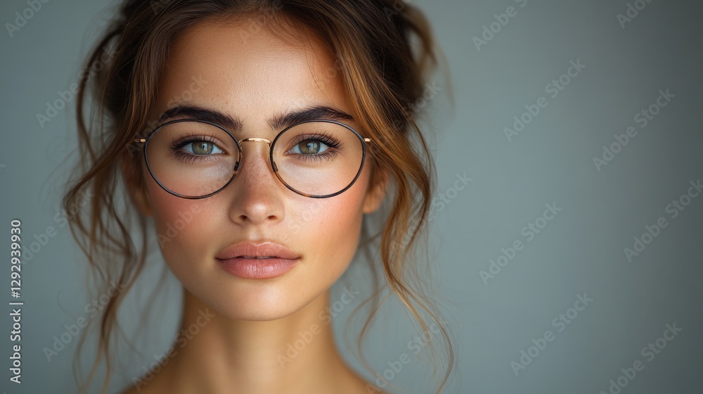 Portrait of a Young Woman with Glasses, Stylish Hairstyle, and Natural Makeup Portrait of a Young Woman with Glasses, Stylish Hairstyle, and Natural Makeup