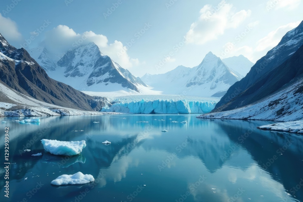 Fototapeta premium Glacial landscape with icy lake and surrounding peaks, glacier ice, calm