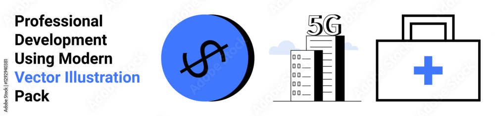 Dollar symbol in a blue circle, 5G network towers, and a white medical kit with a blue cross. Ideal for finance, technology, healthcare, communication, innovation, business flat landing page banner Dollar symbol in a blue circle, 5G network towers, and a white medical kit with a blue cross. Ideal for finance, technology, healthcare, communication, innovation, business flat landing page banner