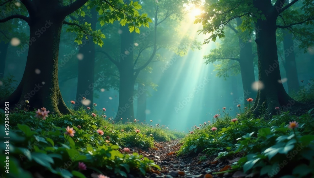 Fototapeta premium Mist and particles swirl above a mystical forest floor, natural, mysterious, swirl