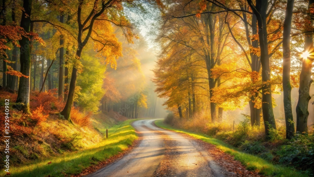 Obraz premium Serene countryside scene with winding rural road shrouded in misty autumnal hues and soft, warm light filtering through trees , wooded area, peaceful ambiance