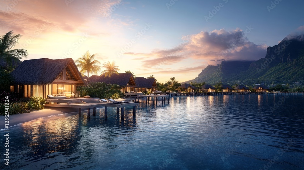 Fototapeta premium a 5-star beachfront resort with overwater bungalows and a breathtaking ocean view