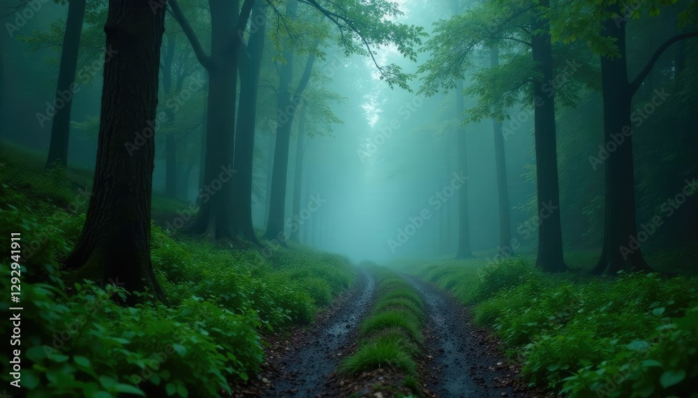Obraz premium Misty forest trail with foggy atmosphere and raindrops, trees, rain, greenery