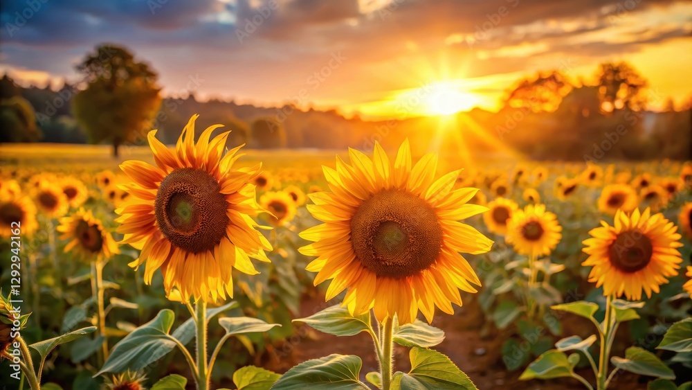 Obraz premium Warm golden light on sunflowers in autumn field, rural scenery, nature, rural scenery, nature, golden hour, garden