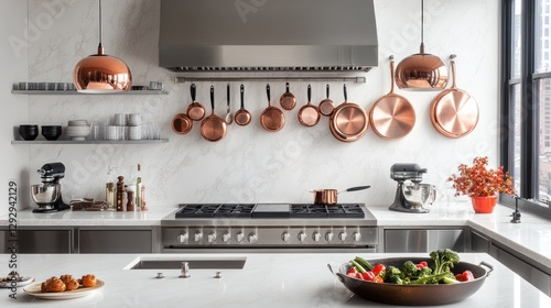 Modern copper cookware hangs in a stylish loft kitchen, showcasing fresh vegetables and appliances