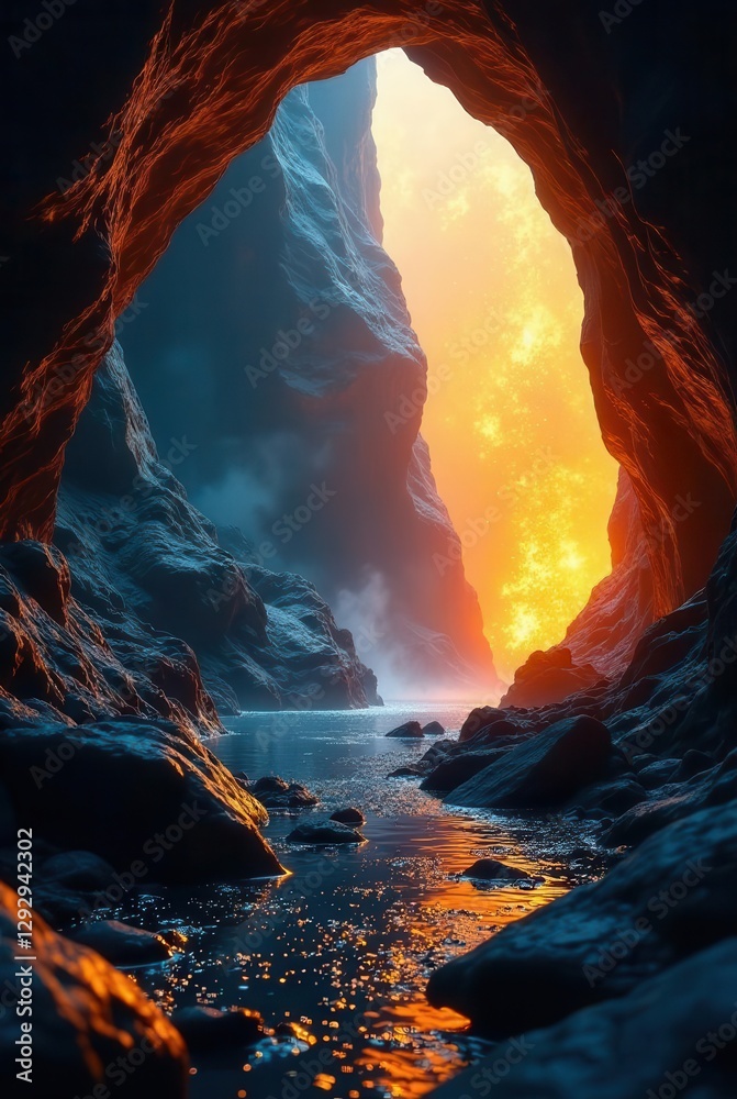 Fototapeta premium A Serene Coastal Cave Opening to a Fiery Celestial Display