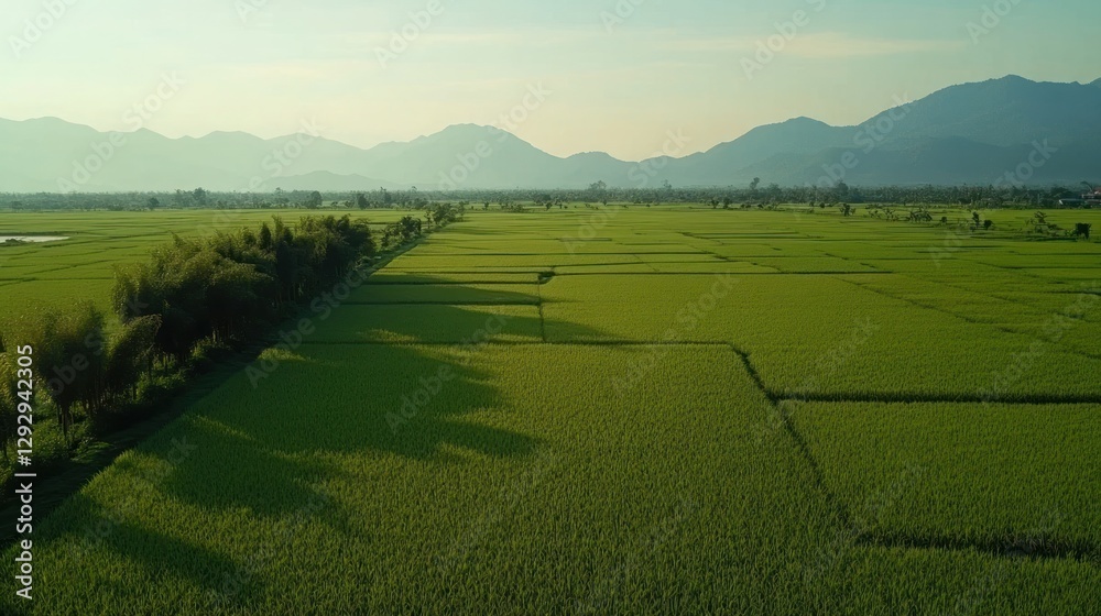 Obraz premium Aerial view of lush green rice paddies, mountain backdrop, sunset