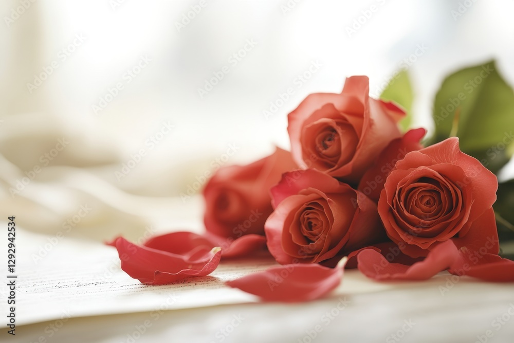 A romantic bouquet on a bed, surrounded by rose petals and a handwritten love letter A romantic bouquet on a bed, surrounded by rose petals and a handwritten love letter