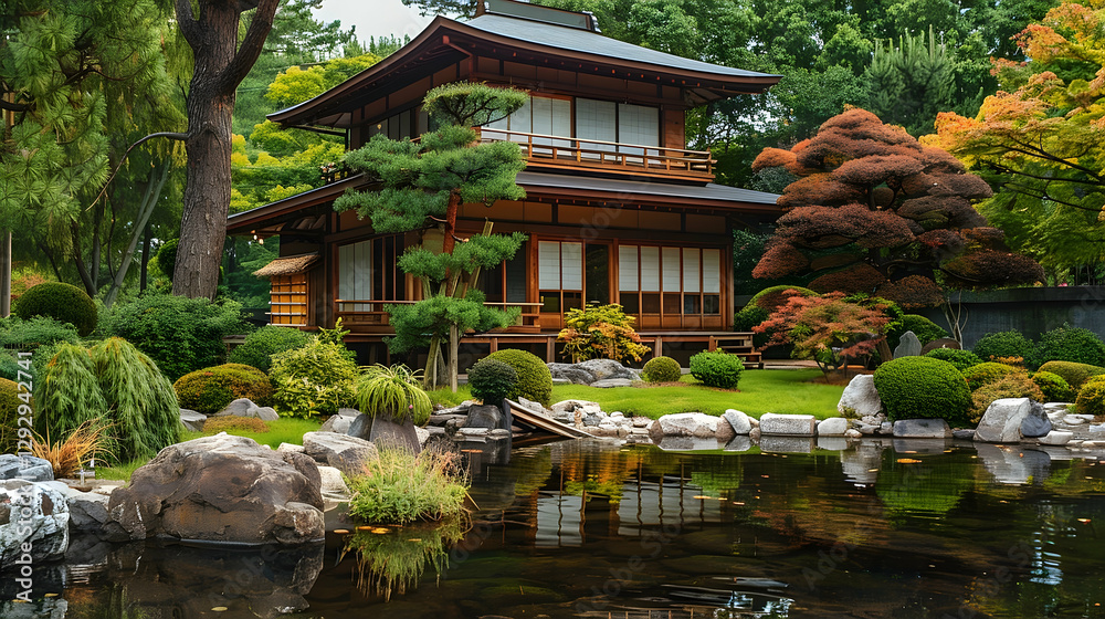 Fototapeta premium Zen Retreat, Serene Japanese House and Garden Reflecting Tranquility