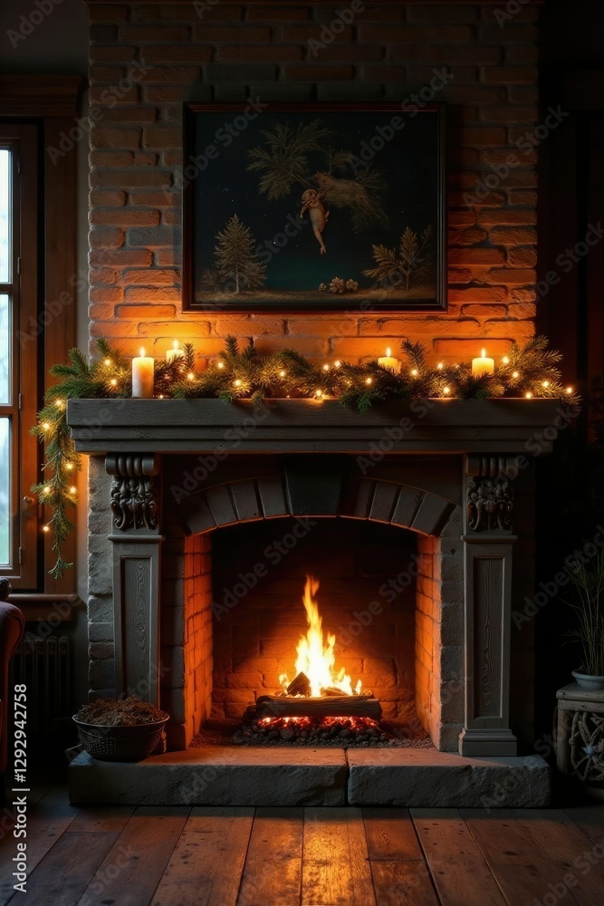 Rustic wooden mantel with softly glowing lights, mantel, festive, lights Rustic wooden mantel with softly glowing lights, mantel, festive, lights