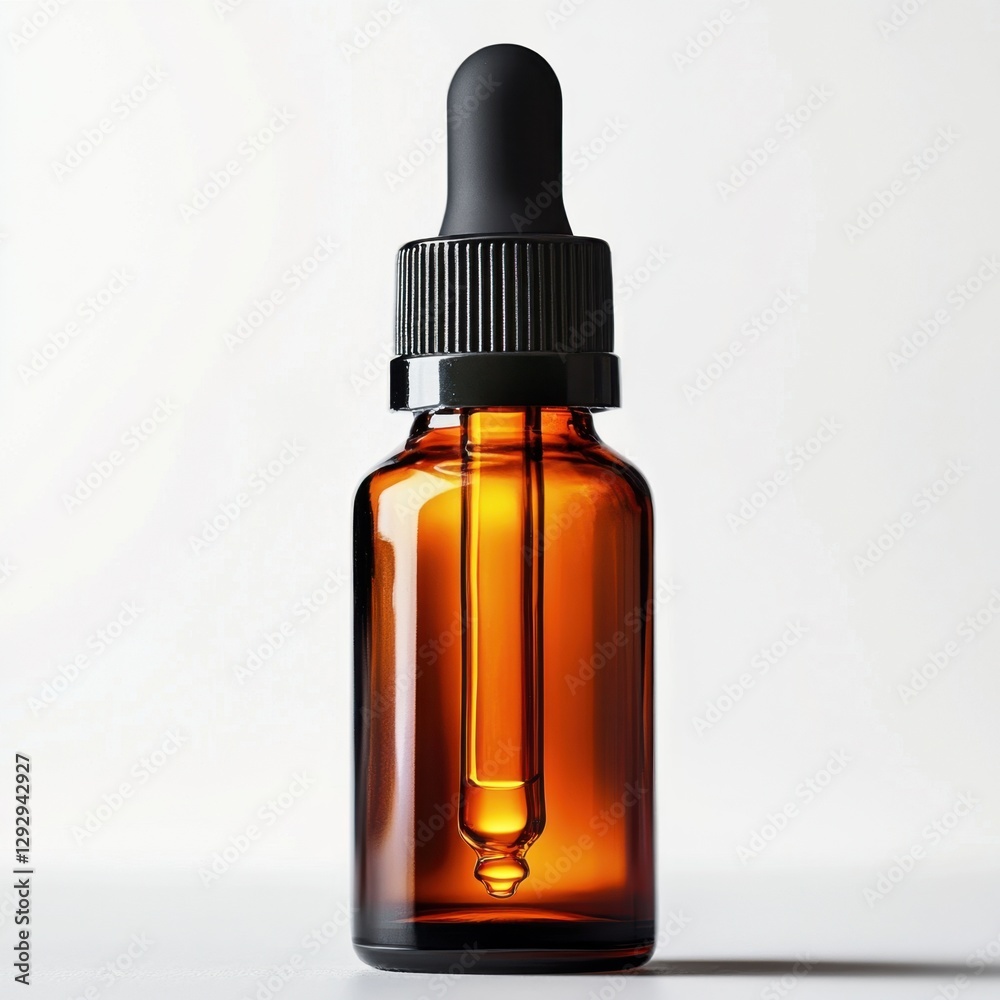 Fototapeta premium Amber Bottle with Dropper: A close-up studio shot of a sleek amber glass bottle, complete with a black dropper, conveying a sense of purity and scientific precision. 