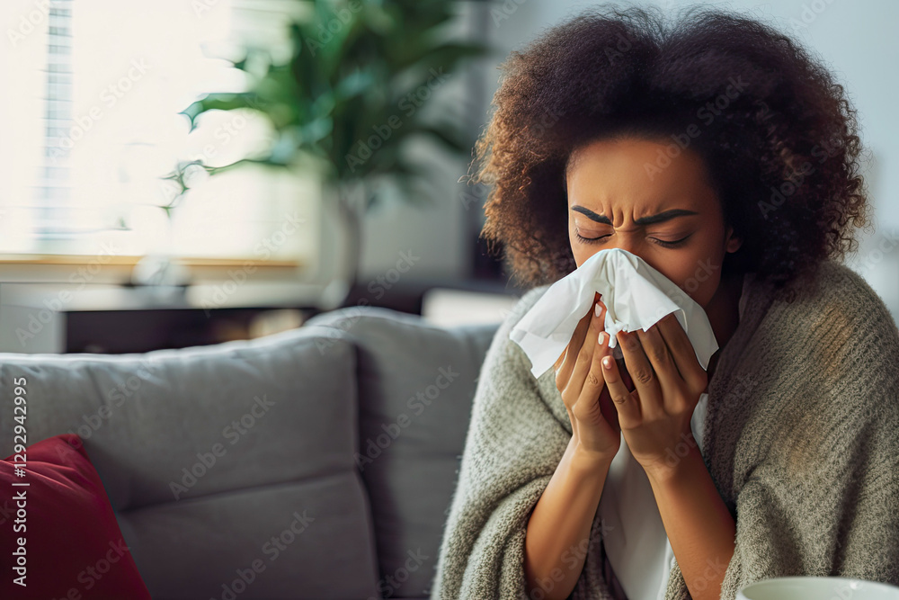 Managing a runny nose while relaxing at home in a cozy setting during the day Managing a runny nose while relaxing at home in a cozy setting during the day