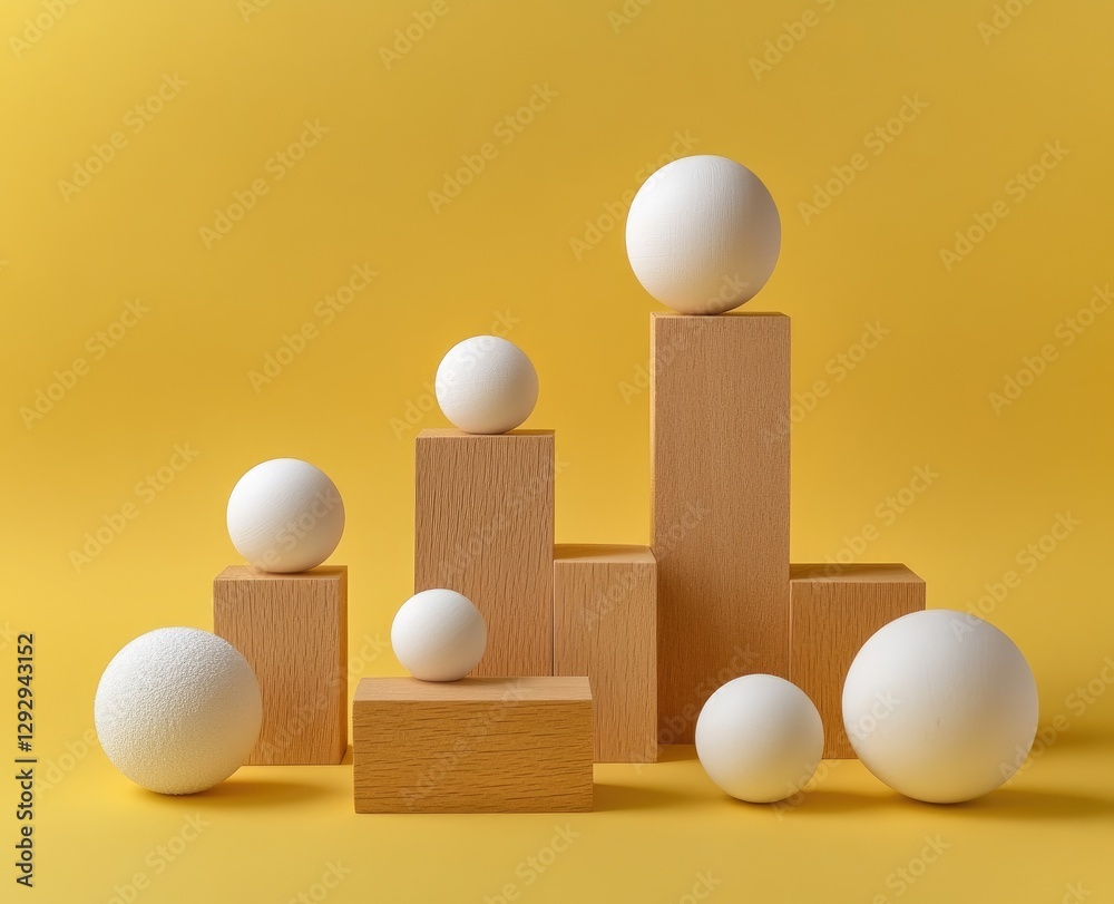 Geometric shapes, ascending on wooden blocks, yellow background Geometric shapes, ascending on wooden blocks, yellow background