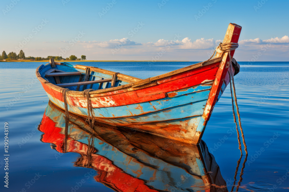 Fototapeta premium Boat floating on calm water with misty mountains and autumn trees during sunrise