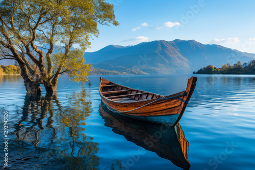 Boat floating on calm water with misty mountains and autumn trees during sunrise