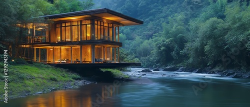 a bamboo house overlooking a serene river showcasing sustainable architecture in tourism