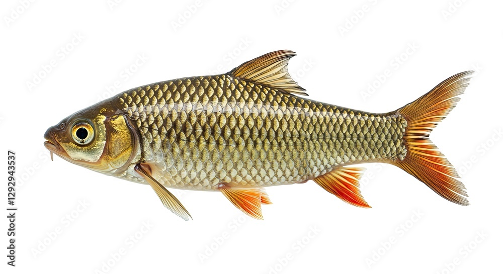 Isolated Java Barb Fish with Golden Scales and Red Fins Swimming Isolated Java Barb Fish with Golden Scales and Red Fins Swimming