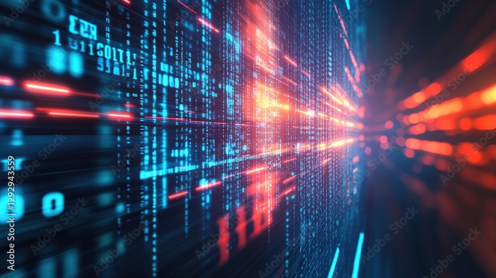 Fototapeta premium Abstract digital data stream with glowing lines and numbers in a futuristic environment