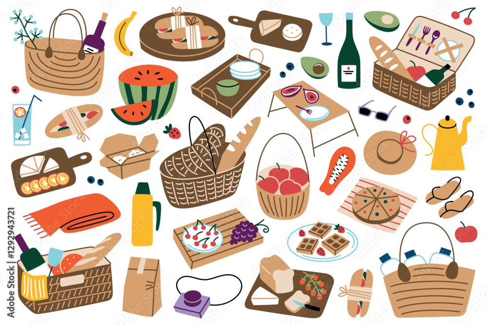 Picnic essentials set with wicker baskets, food, drinks, and accessories. Vector illustrations of sandwiches, fruit, cheese, wine, thermos, tableware, flat cartoon collection for summer meal outdoors Picnic essentials set with wicker baskets, food, drinks, and accessories. Vector illustrations of sandwiches, fruit, cheese, wine, thermos, tableware, flat cartoon collection for summer meal outdoors