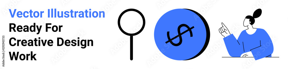 Magnifier, blue circle with dollar sign, woman pointing toward ideas. Ideal for finance, analysis, guidance, growth, education decision-making marketing. Perfect flat landing page banner Magnifier, blue circle with dollar sign, woman pointing toward ideas. Ideal for finance, analysis, guidance, growth, education decision-making marketing. Perfect flat landing page banner