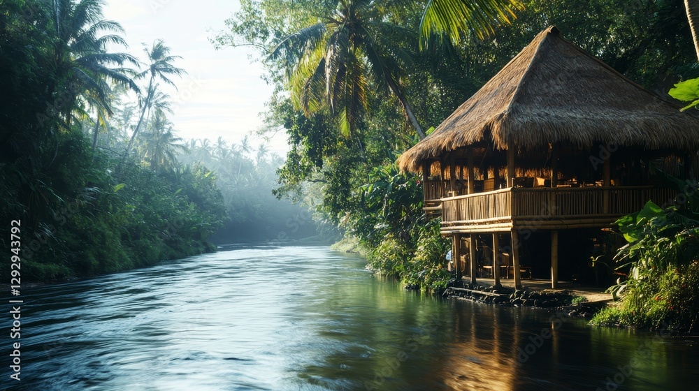 Fototapeta premium a bamboo house overlooking a serene river showcasing sustainable architecture in tourism