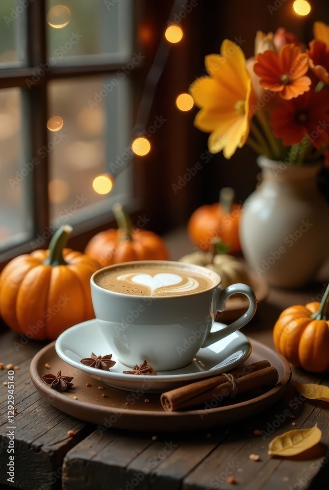 Fototapeta premium Cozy Autumnal Latte with Pumpkins and Spices by a Window