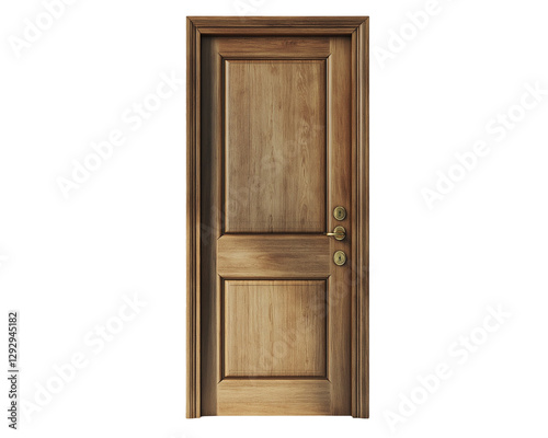 A tall, elegant wooden door with a stylish panel design, a polished brass handle, and a natural wood grain texture,