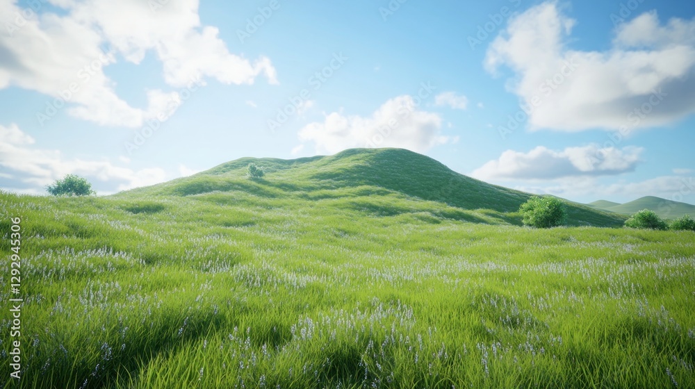 Sunny meadow, rolling hills, blue sky, wildflowers, scenic landscape