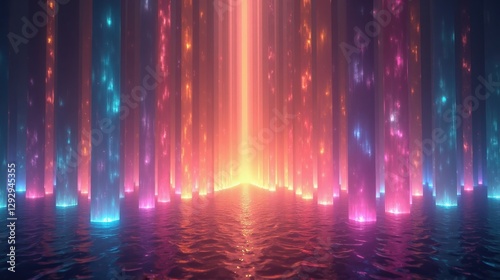 A vast field of floating prisms catches the ambient light, refracting it into cascading rainbows that shimmer and dissolve into the void, creating a magical landscape.