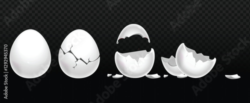 Egg cracking sequence: whole, cracked, broken, hatched. Realistic 3D illustration.