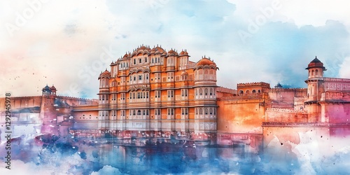 Watercolor illustration of the hawa mahal palace.