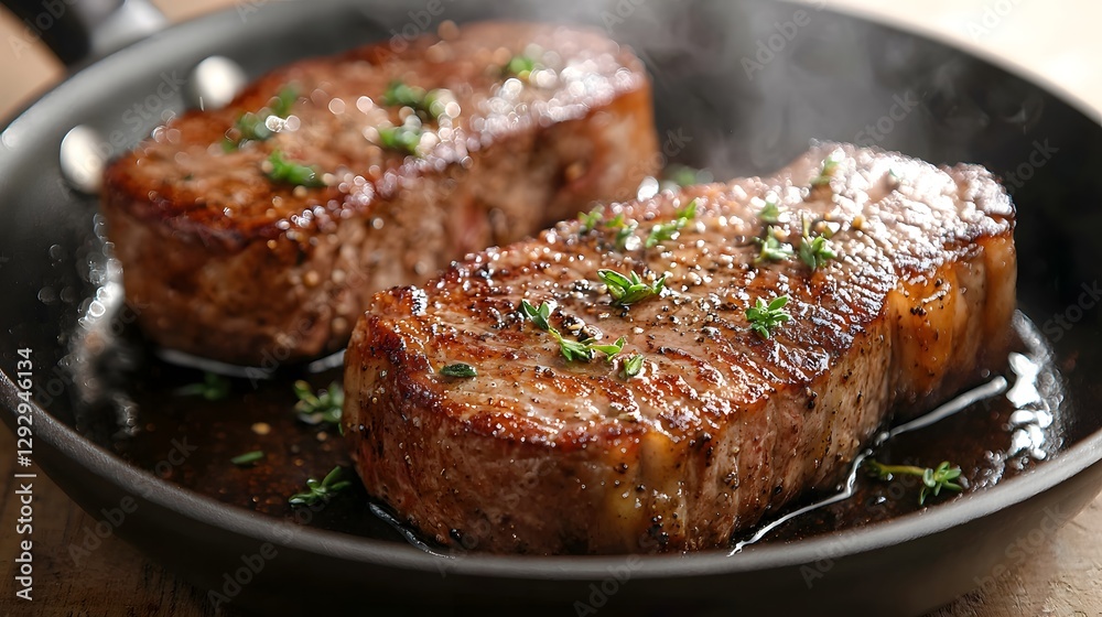 A dramatic side angle view of a juicy steak searing in a hot pan with steam rising up from the sizzling meat and fresh herbs scattered around the dish for added texture and flavor A dramatic side angle view of a juicy steak searing in a hot pan with steam rising up from the sizzling meat and fresh herbs scattered around the dish for added texture and flavor