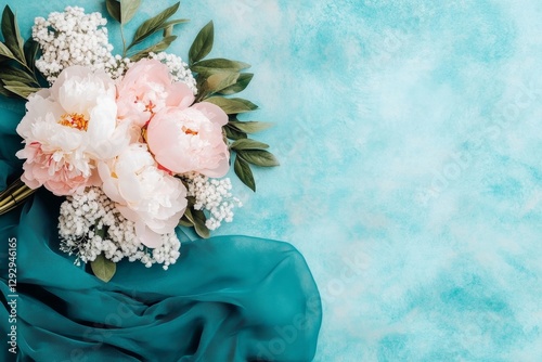 Fototapeta Naklejka Na Ścianę i Meble -  A soft and elegant bouquet of pale pink peonies and white hydrangeas resting on a luxurious velvet surface
