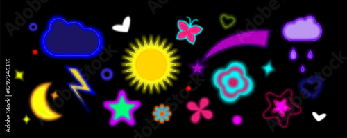 Neon y2k shapes on black background - glowing elements of sun and moon, stars and hearts, clouds with lightning bolt and rain drops, butterfly. Vibrant retro collection in 2000s style with blur effect