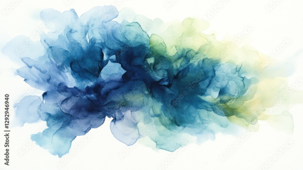 Abstract Blue-Green Ink Wash Painting, White Background, Fluid Art, Design Element