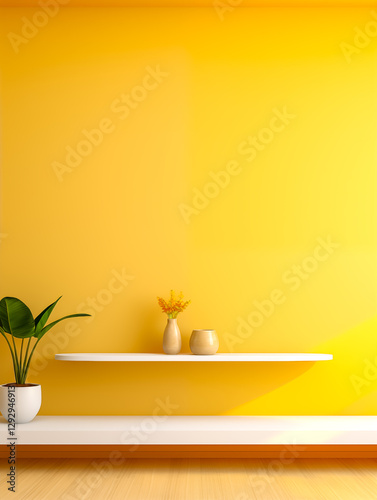 Bright yellow wall with shelf, plant, and decorative vases creating a cheerful atmosphere.