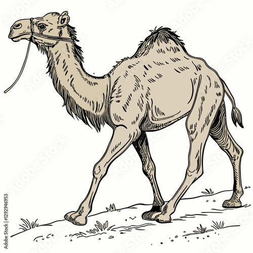 Realistic full-body camel wandering in the desert on a white background.