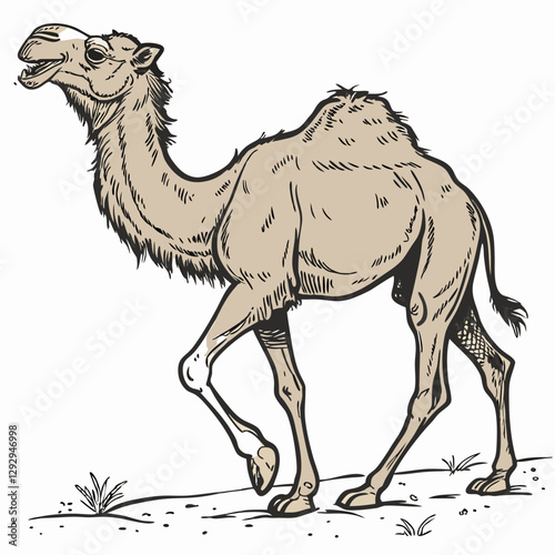 Realistic full-body camel wandering in the desert on a white background.