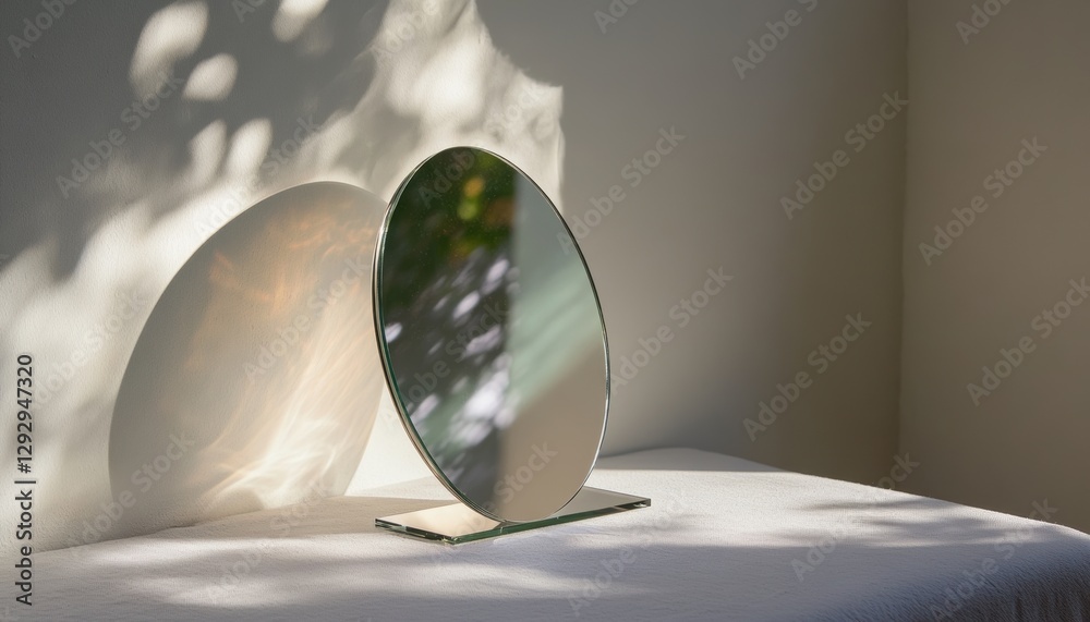 Fototapeta premium Artistic reflection circular mirror display with shadow play in minimalist space