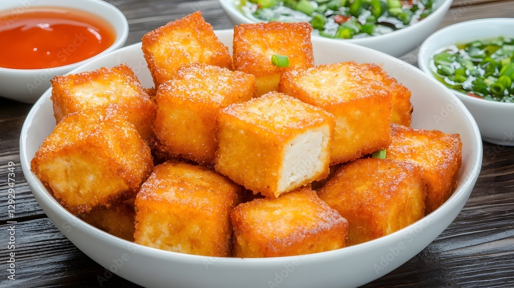 A minimalist and visually appealing composition featuring a pan filled with crispy golden brown fried tofu cubes accompanied by vibrant dipping sauces in the background A minimalist and visually appealing composition featuring a pan filled with crispy golden brown fried tofu cubes accompanied by vibrant dipping sauces in the background