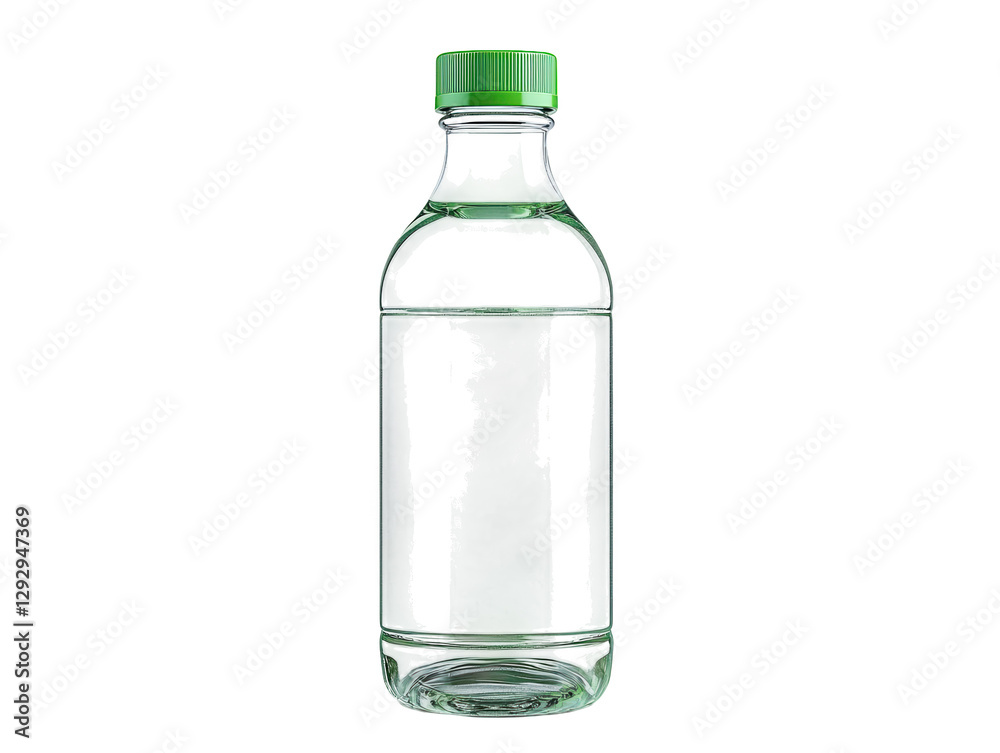 A clear glass bottle with a green cap filled with liquid. A clear glass bottle with a green cap filled with liquid.