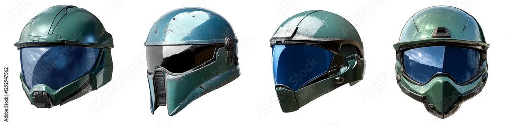 Fototapeta premium set of A blue construction helmet with clear goggles attached, helmet and clear goggles attached, protective construction blue helmet and clear goggles attached, on a transparent backgrounds