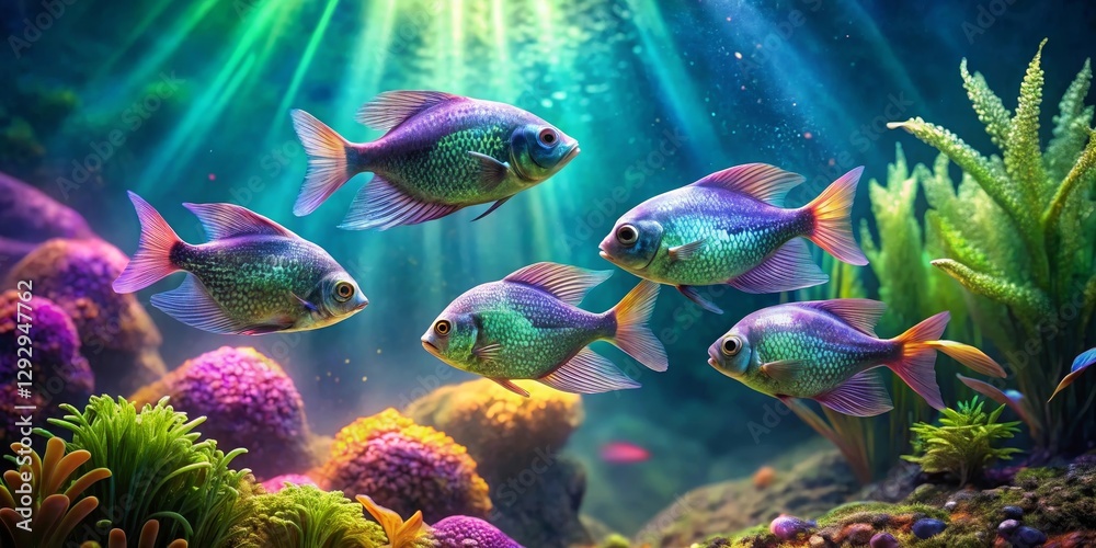 Obraz premium Vibrant iridescent fish gracefully swim amidst a lush underwater paradise, showcasing their vibrant scales and fins against a backdrop of colorful coral and aquatic plants.