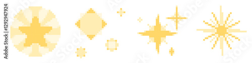 Yellow pixel stars set isolated on white background. Vector cartoon illustration of old 8bit software icon, retro messenger emoji, 80s style arcade game design elements, firework sparkles, boom effect