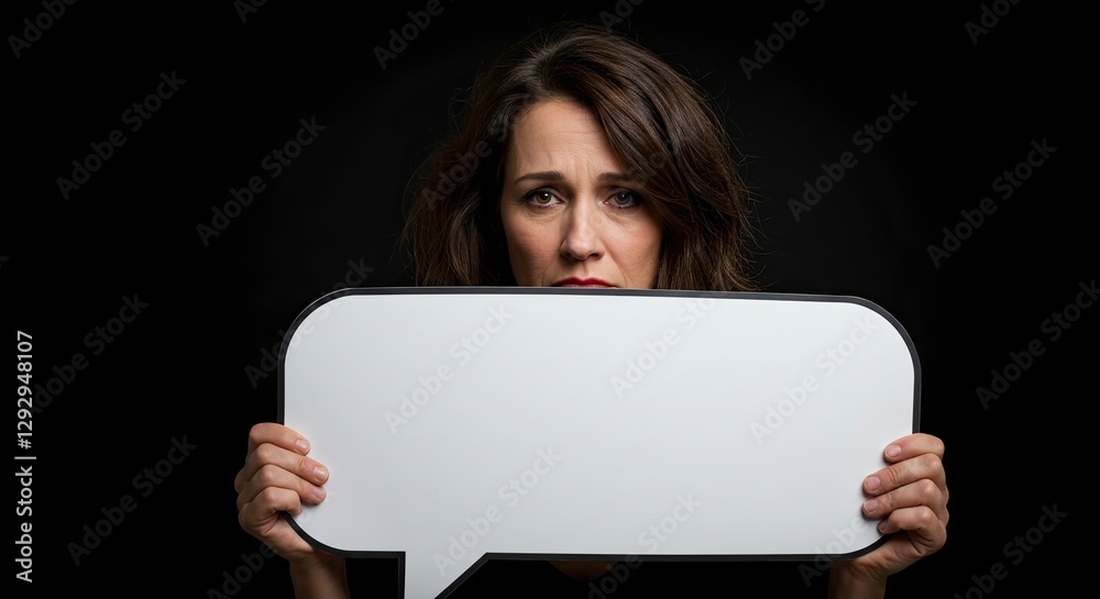 Woman Holding Speech Bubble with Sad Expression on Black Background Woman Holding Speech Bubble with Sad Expression on Black Background