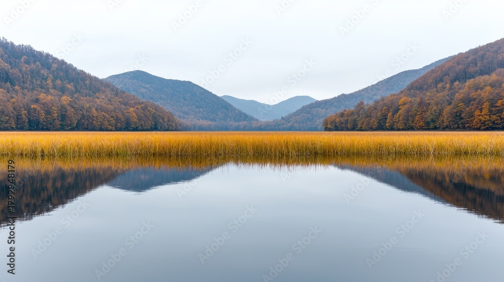 Autumn lake mirroring mountains. Calm water reflecting fall foliage. Possible use for nature and travel media Autumn lake mirroring mountains. Calm water reflecting fall foliage. Possible use for nature and travel media