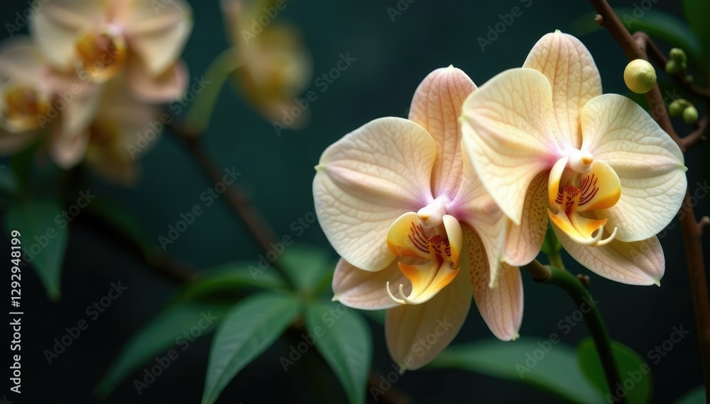 Fototapeta premium Cannabis flowers with cream colored small orchids, floral, exotic