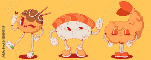 Groovy Japanese food mascots set isolated on background. Contemporary vector cartoon illustration of candy ball, rice and fish sushi, shrimp tempura characters smiling, Asian restaurant menu icons