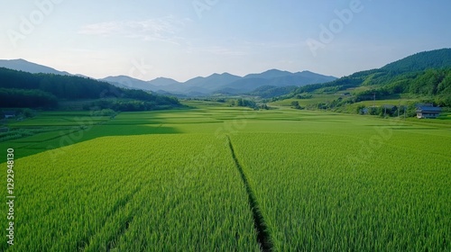 Lush green rice paddy field, mountain backdrop, rural landscape, aerial view, agriculture photo