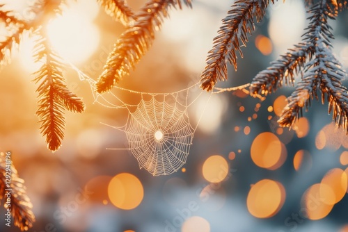 A spider web stretched across two tree branches, illuminated by the golden light of the setting sun